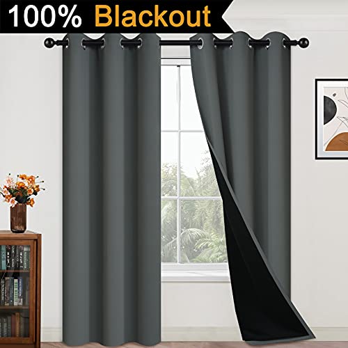 Image of Yakamok Dark Grey 100% Blackout Curtains 84 Inches Long 42 inch Wide 2 Panels | Blackout Curtain Panels for Bedroom, 2 Thick Layers Grommet Top Thermal Insulated Drapes with Black Liner for Living Room