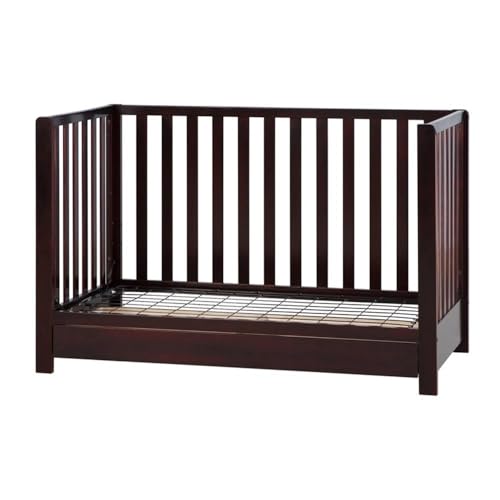 Image of Pemberly Row 4-in-1 Convertible Crib with Drawer, New Zealand Pine Wood, Espresso Finish, 3-Position Adjustable Mattress Support, Modern Nursery Furniture, Converts to Toddler Bed, Daybed, Full-Size
