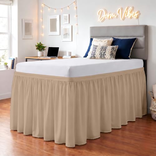 SGI bedding Dorm Bed Skirt Full XL 30 Inch Drop Length - Taupe, Ruffled Pattern College Dorm Room Bed Skirts - Split Corner, Easy Care, Wrinkle Free 1800 Series Microfiber Bed Skirt