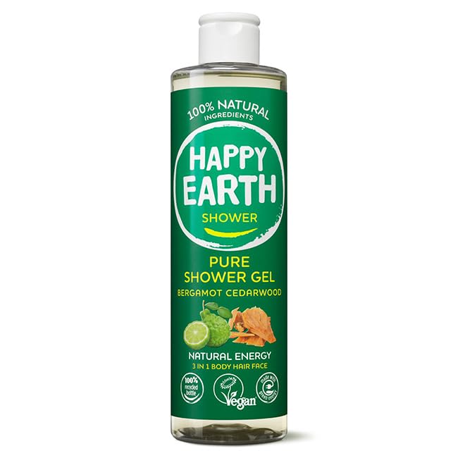 Happy Earth Gel Douche - Pour Hommes et Femmes - Gel Douche - 100% Ingrédients Naturels & Végan - Bergamot Cedarwood - 300 ML