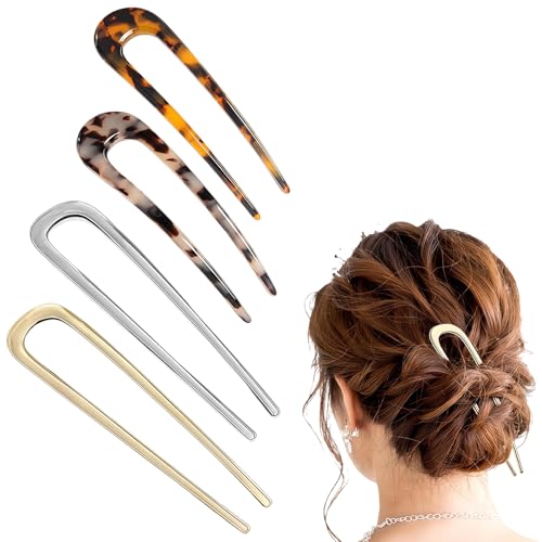 Aucuu Épingles à Cheveux Françaises, 4 Pièces Fourche à Cheveux Élégante, Chignon Pince pour la Coiffure Classique à la Française, Pince a Chignon en Forme de U Qui Fixe Solidement la Coiffure