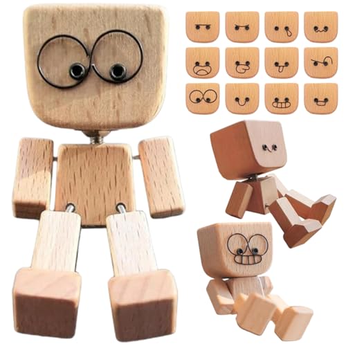 Shaking Wooden Man, Shaking Wooden Man Figurine for Car Dashboard, Handmade Shak Feet Woodens Doll, Funny Cars Ornaments Wood Desktop Decor, Car Dashboard Accessories with 12PCS Magnetic Expressions