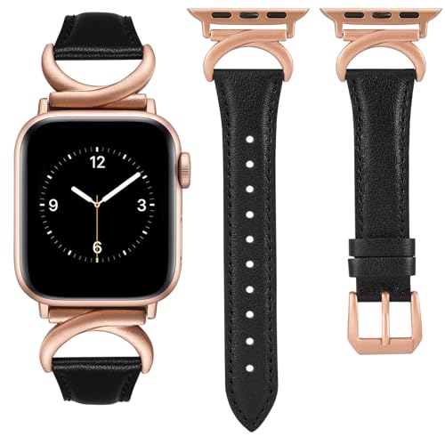 TOYOUTHS Leather Strap Compatible with Apple Watch Straps 41mm 40mm 42mm 38mm Women Slim Thin Dressy Strap with C-Shaped Metal Buckle for iWatch Series 11 10 9 8 7 6 5 4 SE 3 2 1, Black/Rose Pink