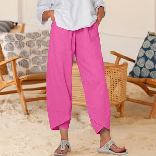 Linen Pants Women Summer Casual Capri Pants Elastic Waist Crop Palazzo Trousers with Pockets Baggy Trendy Beach Pant2
