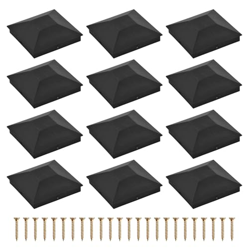 Lot de 12 Capuchons Poteau de Clôture 9x9 cm, En Plastique Noir, Bois Poteaux de Terrasse, Avec Vis de Montage, Étanches et Antirouille, Chapeaux Carrés Protection pour Clôtures Ponts