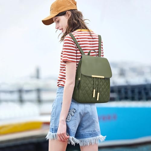 Image of KKXIU Quilted Trendy Leather Backpack Purse for Women and Ladies Shoulder Travel Daypacks Bags (Olive)
