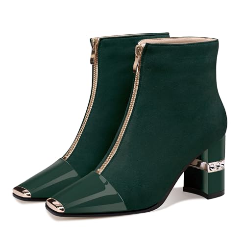 XINIUNIU Women's Ankle Boots Block Chunky Heels Booties Metal Square Toe Suede Front Zipper 3 Inch Short Boot Dress3