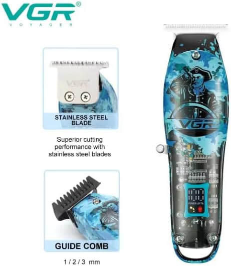 Close-up of the VGR hair clipper showing its stainless steel blade and a guide comb set at 1/2/3mm.