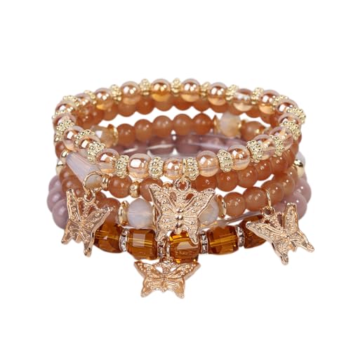 LOTSOF Boho Flower Beaded Bracelet Set for Women - Multilayer Crystal & Flower Charm Stackable Bracelets, Fashion Jewelry Gift for Her (Coffee Butterfly)