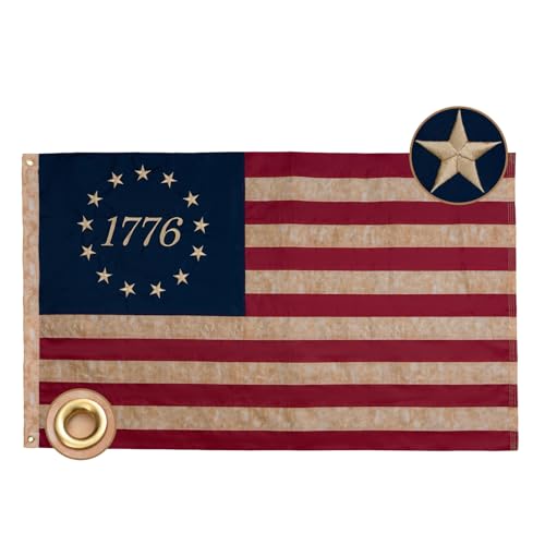 Bradford Vintage 1776 Flag 3x5 ft for Outside Tea Stained 1776 American Betsy Ross Flag 250 Anniversary Aged Looking for 4th of July Old Bennington USA US 76 Flag with 2 Brass Grommets