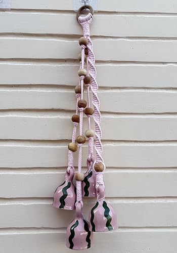 Image of Mundane | Macrame Bell Hanging with Handpainted Ceramic Bells | Wall & Balcony Home Decor (Pink Macrame- Gulabo)