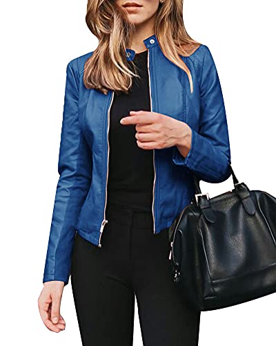 YAOTT Chaqueta de manga larga para mujer chaqueta de cuero elegante de otoño chaqueta corta de piel sintética chaqueta de motocicleta chaqueta corta de primavera y otoño azul L