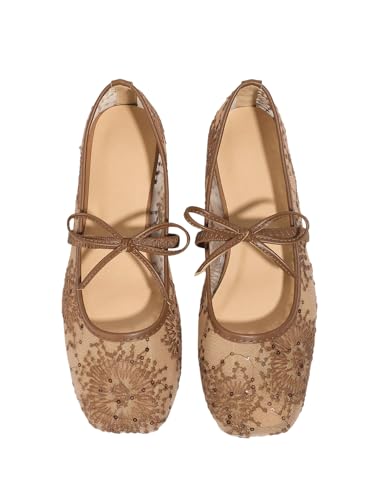 GORGLITTER Women's Lace Mesh Ballet Flats Ballerina Maryjanes Dress Shoes