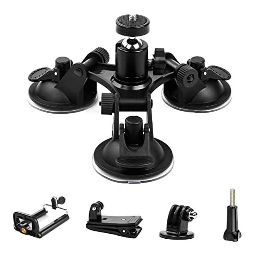Triple Cup - Camera Suction Mount - Car Mount Triple Suction Cup Mount with 1/4 Threaded Head 360 Degree Tripod Ball Head