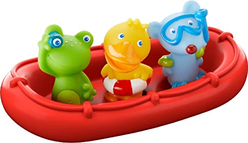 HABA - 303866 - Badeboot Tiermatrosen ahoi! , Badespielzeug mit Boot, Frosch, Ente und Maus , Set aus Badeboot mit drei Fingerpuppen zum Aufstecken , Badewannenspielzeug ab 12 Monaten