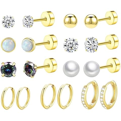 Flat Back Surgical Steel Earring Sets for Multiple Piercing,14K Real Gold Plated Small Huggie Hoop Earrings Tiny Stud Earrings for Women Cover