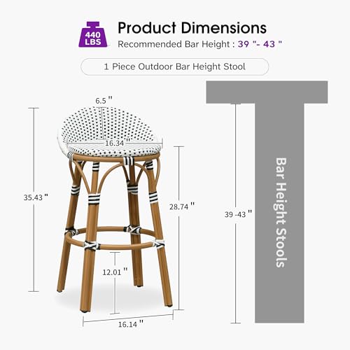 Image of PURPLE LEAF Patio Oversized Backrest Bar Height Stool Set of 1 Outdoor Round Barstools Aluminum Frame in Bamboo Finish Woven Rattan for Indoor Kitchen Dining Bistros Cafe Restaurant White