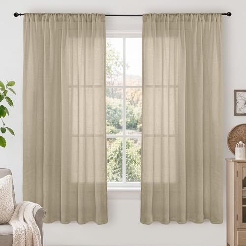 Image of BGment Camel Linen Curtains 63 Inches Long for Living Room - Semi Sheer Light Filtering Window Drapes with Rod Pocket Textured Lightweight for Bedroom, 2 Panels Set, Each 52 Inch Wide