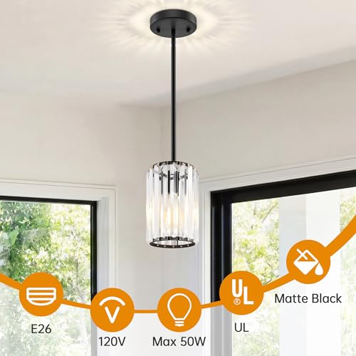 Esfos Black Pendant Light, Modern Crystal Pendant Lights Kitchen Island, Kitchen Island Lighting with Adjustable Height, UL Certified Island Lights for Kitchen Dining Room Bedroom Hallway 1 Pack, E26 - image 2