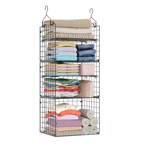 Image of X-cosrack Closet Hanging Organizer Shelves - 5 Tier Wardrobe Organizers and Storage Bin, Hanging Organizer Shelves, Clothes Shelf with Adjustable Dividers for Bedroom Closet Sweater Shoes Handbag