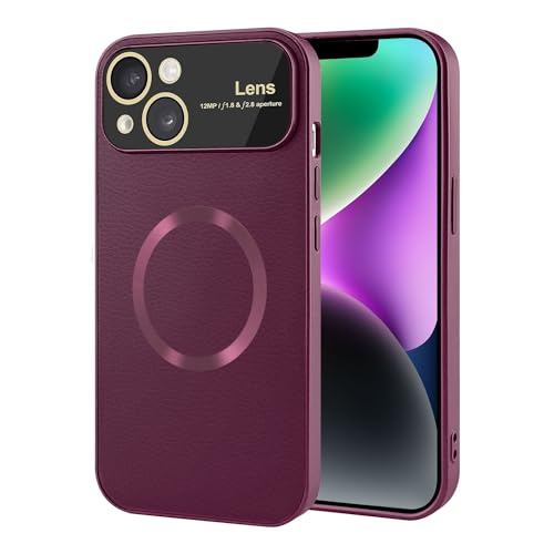Image of Vaku Luxos Premium Polarized Leather Back Cover for iPhone 14 Texture Full Lens Protection Silicon Case Scratch Resistant Slim Thin Compatible with Mag-Safe - Cherry