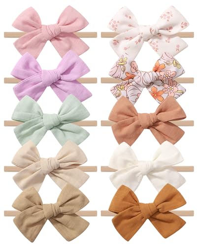 doboi 10 Pack Baby Girl Headbands with Bows, Soft Nylon Newborn Headbands