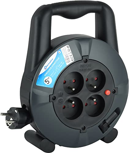 Electraline 28907 Kabeltrommel für den Haushalt, Kabelquerschnitt 3 G1 mm², 5 m, 4 Steckdosen, 16 A, Schwarz