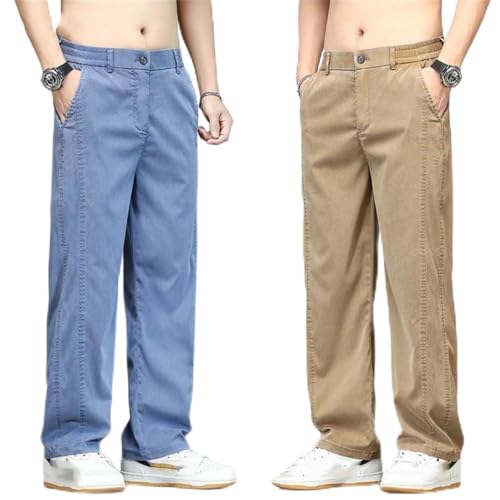 Men's Summer Thin Relaxed Jeans Elastic Waist Straight Fit Casual Pants Plus Size