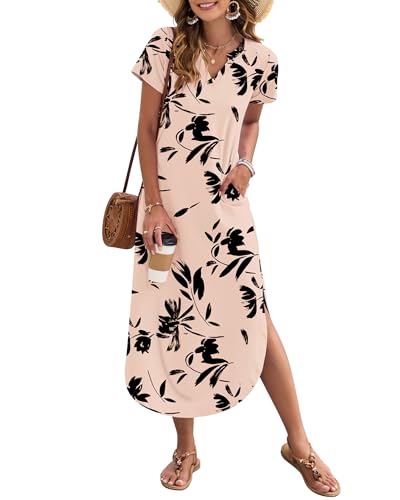AUSELILY Damen Sommer Maxikleid Kurzarm V-Ausschnitt Lockeres Strandkleid mit Seitenschlitz für Urlaub Hellbraune Blume L