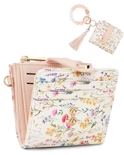 Image of Keychain Wallet Wristlet for Women,RFID Small Floral Flowers Wallet | Wallet Wristlet with Zipper Coin Pocket,Vegan Leather Card Wallets for Women, 2 ID Window,Gift