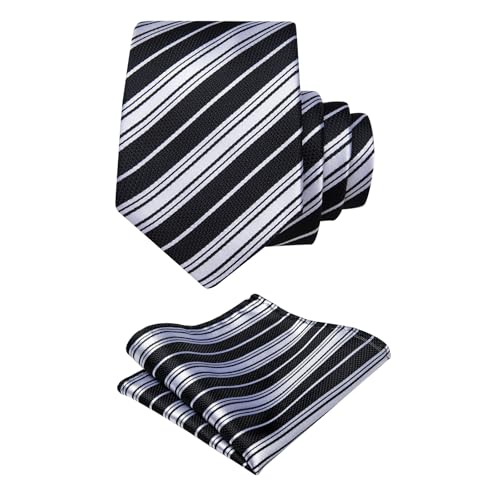 Image of YourTies Black White Ties for Men Striped Tie Woven Silk Necktie Handkerchief Cufflink Set Formal Business Party Wedding