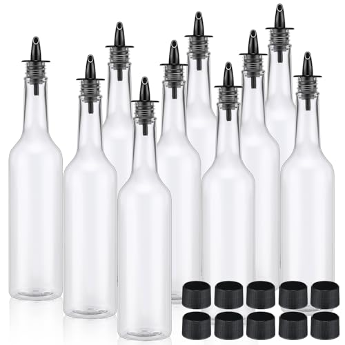 Tioncy 10 Sets 15oz Plastic Liquor Bottles with Pourers Sets 10 Plastic Long Neck Syrup Bottles with Pourer and Caps Reusable Leakproof for Home Party Bar(Black)