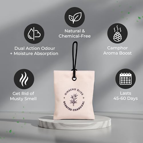 Image of Haka Ginseng Bliss Scented Air Freshener Pouch | Scented Charcoal Kapoor for Car Fragrance | Charcoal Aroma Air Freshener & Camphor Purifier for Bedroom, Car, Office & Wardrobe Freshener for Clothes