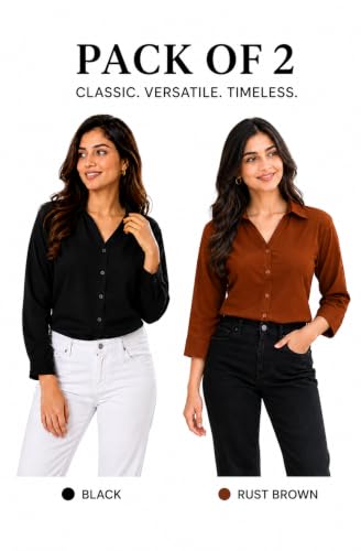 Image of FUNDAY FASHION Women Solid Regular Fit V Collered Casual Shirt (Pack of 2)