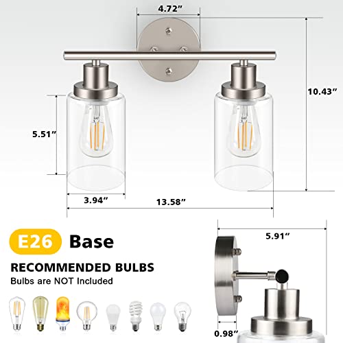 Image of Unicozin 2 Light Vanity Lights, Brushed Nickel Wall Sconce Light with Clear Glass, Bathroom Light Fixtures, Wall Lights for Mirror, Living Room, Bedroom, Hallway, E26 Base (Bulbs Not Included)