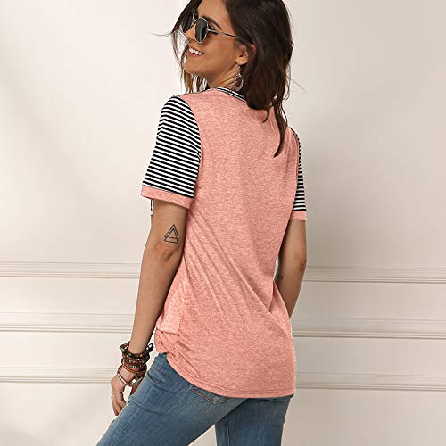 Novmay Women's Casual T-Shirts Crewneck Short Sleeve Summer Top Tunics Twist Knit Blouse Leopard Print Stripe (Pink, Medium) #TOP5