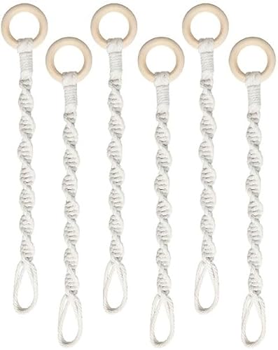 6 PCS Macramé Plant Hanging Extenders with Wooden Rings, Adjustable Connectable Cotton Rope Hangers for Indoor Outdoor Hanging Baskets & Planters