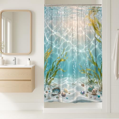 Seetang-Duschvorhang, Unterwasserküste, Blasen, Muscheln, Sommer, Aqua, Polyester, wasserdicht, Toilettenstoff, Duschvorhänge, Dekoration für Toilette, Badezimmer, Wohnheim, 91,4 x 183,9 cm