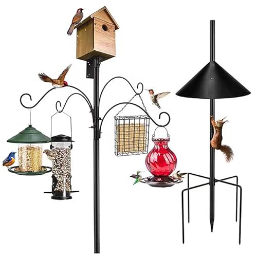 92 Inch Black Adjustable Heavy Duty Bird Feeder Pole for Outdoors Bird House Pole for Garden with Squirrel Proof Baffle 4 Shepherd Hooks Birds Feeding Station with 5-Prong Base for Yard, Garden