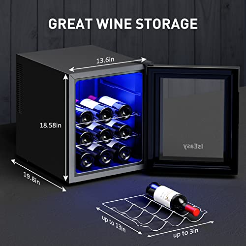 Iseasy Wine Cooler Refrigerator 12 Bottle Mini Wine Fridge Freestanding For Red, White, Champagne Wine Cellar With 46F-66F Digital Temperature Control, Double-Layer Tempered Glass Door #TOP1