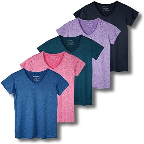 Real Essentials Womens 5 Pack V Neck Dri Fit T-Shirt, Moisture Wicking Athletic Tee Shirt for Yoga, Gym Workout, Zumba, Exercise & Running, Set 7, Large