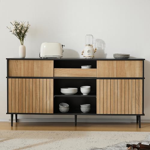 ModernLuxe Anrichte Kommode Sideboard mit 4 Schiebetüren und 1 Schublade modernes Eiche-Schwarz-Design 160 x 40 x 80 cm vielseitiger Stauraum für Wohnzimmer Esszimmer und Flur Natürlich+Schwarz