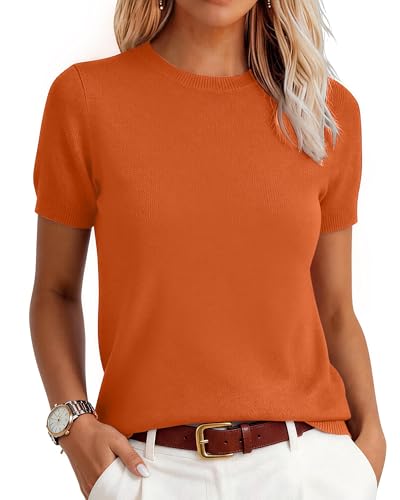 QILORA Short Sleeve Sweater for Women Summer Lightweight Sweater Knit Top Crew Neck Business Casual Work Top Orange