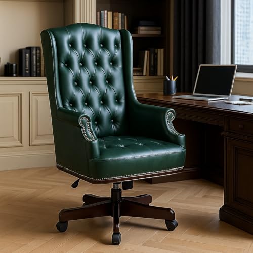 Image of High Back Leatherette & Wooden Office Chair | Revolving & Height Adjustable | Director and CEO & Executive Chair | 5-Year Warranty & Free Assembly | Green Color - (111012248)