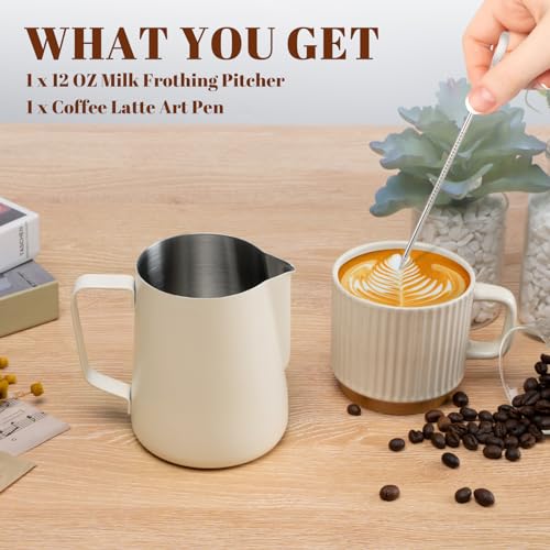 Image of Amrules Milk Frothing Pitcher 12oz Frother Cup Barista Tools, White