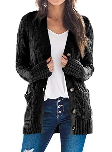 Uusollecy Gilet Long Femme Cardigan Ouvert Manches Longues Ouverte sur Le Devant avec Patte De Boutonnage Et Poches Décontracté Veste Long Tricoté Pull Manteau Couleur Unie-Noir-M Cover