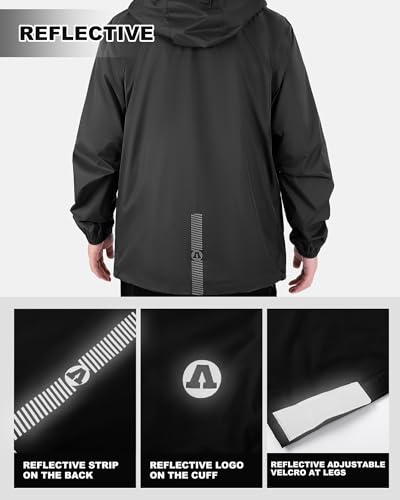 Herren & Damen Regenanzug Wasserdichte Packbare Regenjacke+Regenhose mit Reflektierender Outdoor Regenkleidung Winddichte Regenset Leichter Regenkombi für Radfahren Angeln Schwarz-ungefüttert XL