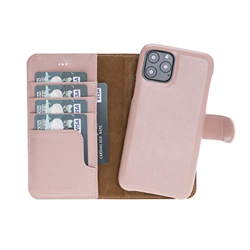 Burkley Case Pieno Premium Genuine Leather Magnetic Detachable Full Leather Covered Luxury Snap-on Case Wallet with Flap Closure for Apple iPhone 11 Pro (5.8") (Nude Pink)