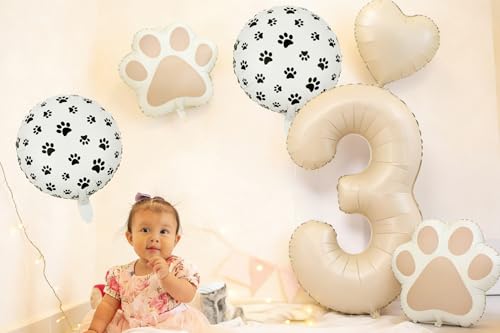 Image of 3rd Birthday Dog Paw Balloons Set,18'' Paw Prints, Heart,Star,Paw Shaped Foil Balloon 40 Inch Cream Number 3 Helium balloons for Puppy Themed Third Anniversary Birthday Party Decorations Supplies 6PCS