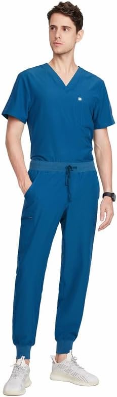 Uniforms World Louis Scrubs Set for Men — Classic V-Neck Stretch Top & Jogger Pants Yoga Waistband, 8 Pockets - Image 3